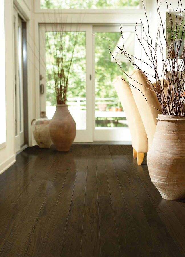 dark wood look laminate in a bright dining room