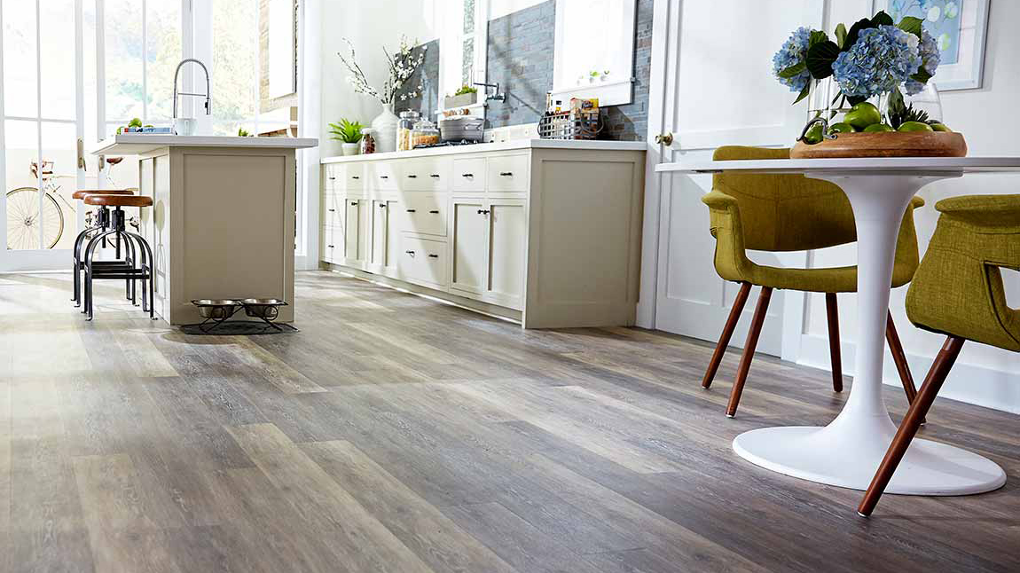 Hardwood flooring in a kitchen, installation services available