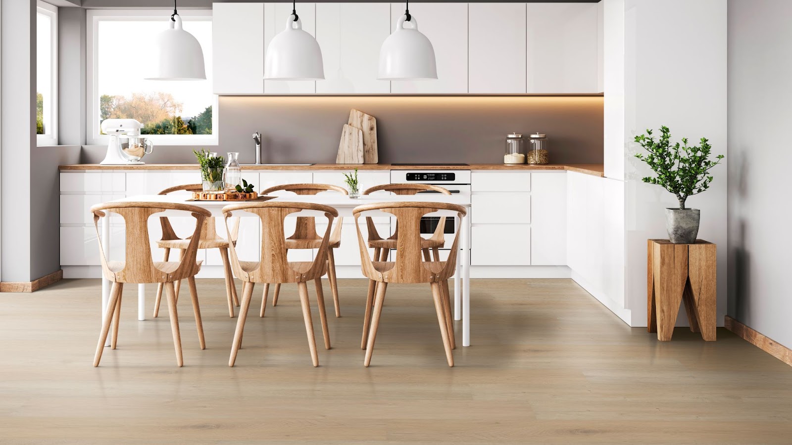 Luxury vinyl flooring in a kitchen, installation services available