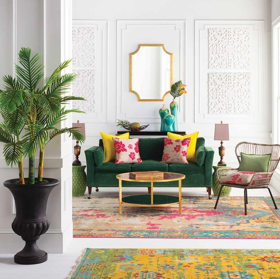 light colored living room with tropical plants